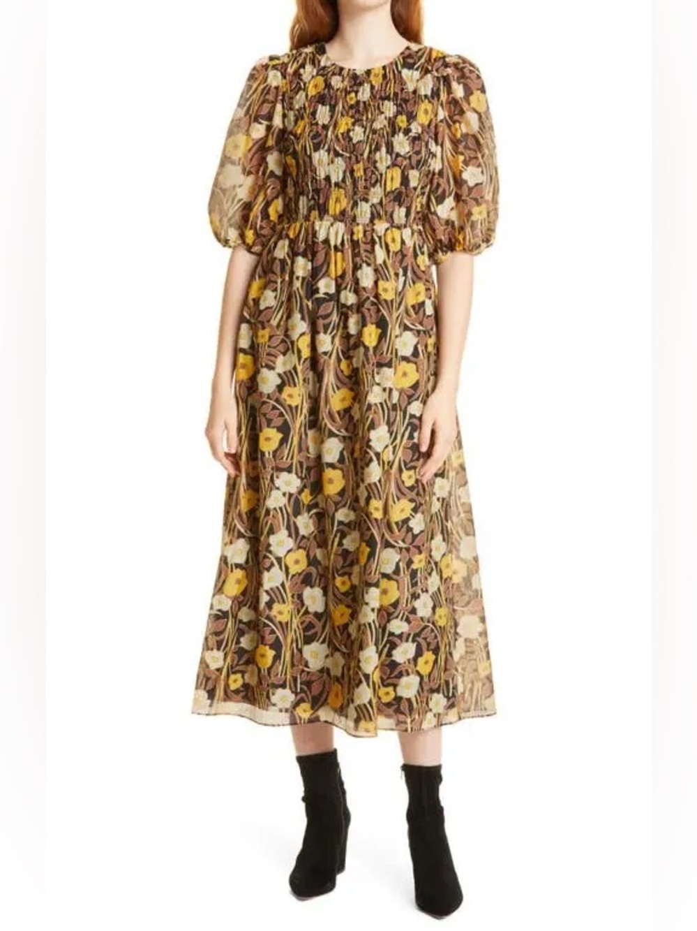 Rebecca Taylor XL Puff Sleeve Midi Prairie Dress Smock Flowy Fall Boho Designer